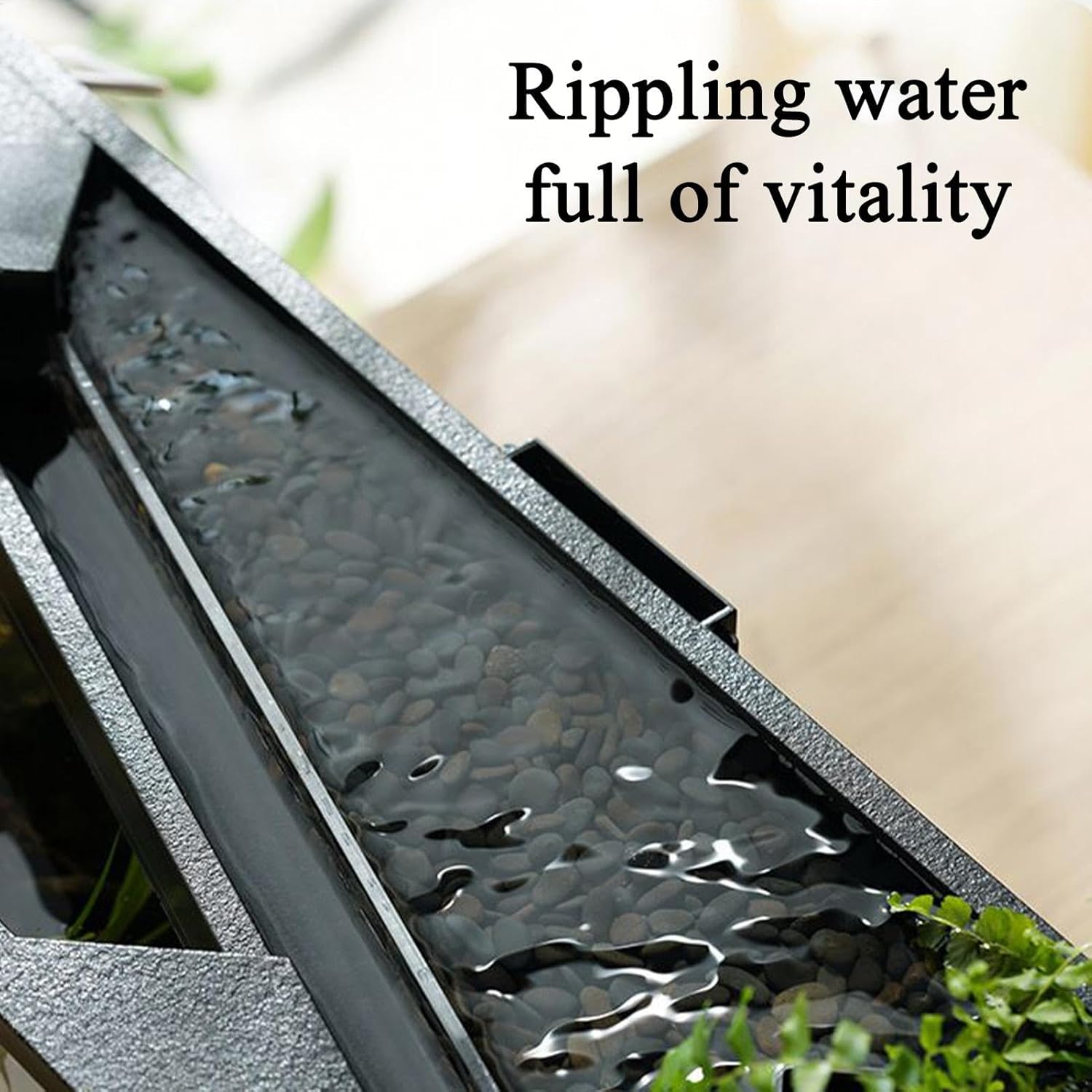 Decorative water feature with text 'Rippling water full of vitality' on a blurred natural background at Pet Servo