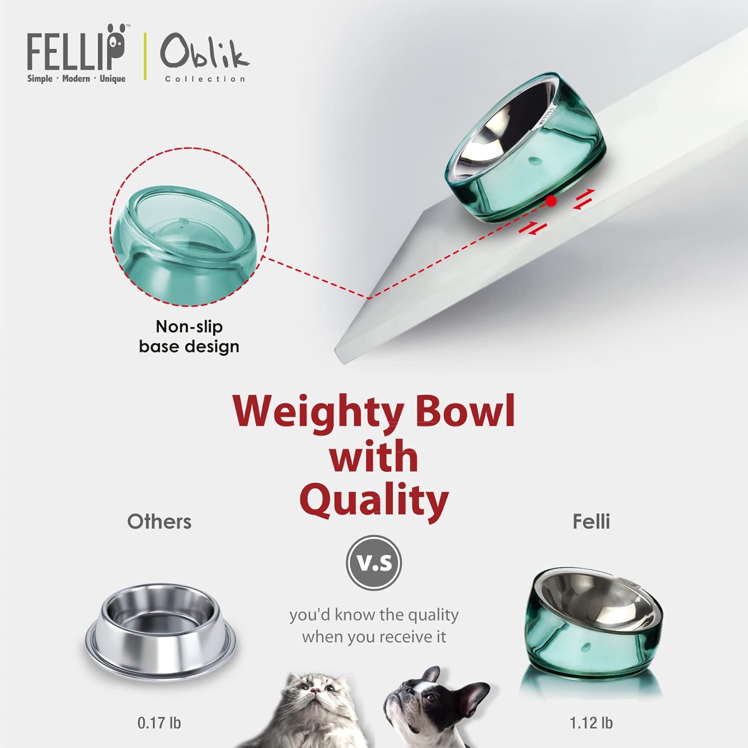 Advertisement for Felli Oblik weighty bowl with non-slip base design on a white background at Pet Servo