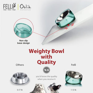 Advertisement for Felli Oblik weighty bowl with non-slip base design on a white background at Pet Servo
