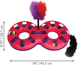 KONG double-ring cat toy with a split purple and red feather wand, two yellow dice, and a black tail, shown with dimension arrows and labels indicating 18 inches by 9.75 inches at Pet Servo