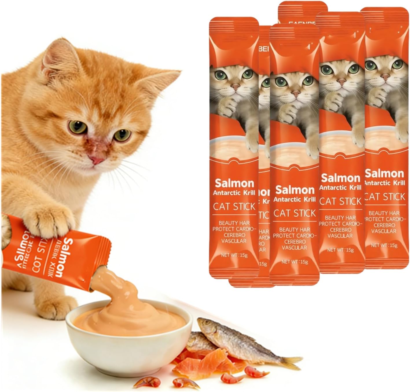 Cat sticks with salmon flavor, a cat holding one, and a bowl of the product on a white background at Pet Servo