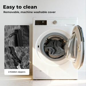 White washing machine with open door showing clothes, text about easy cleaning and features at Pet Servo