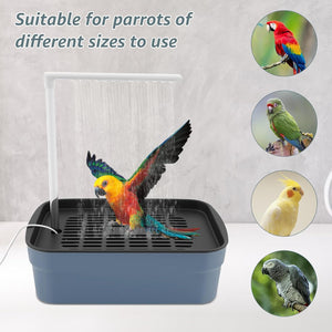 Parrot shower with a colorful parrot using it, suitable for various parrot sizes at Pet Servo