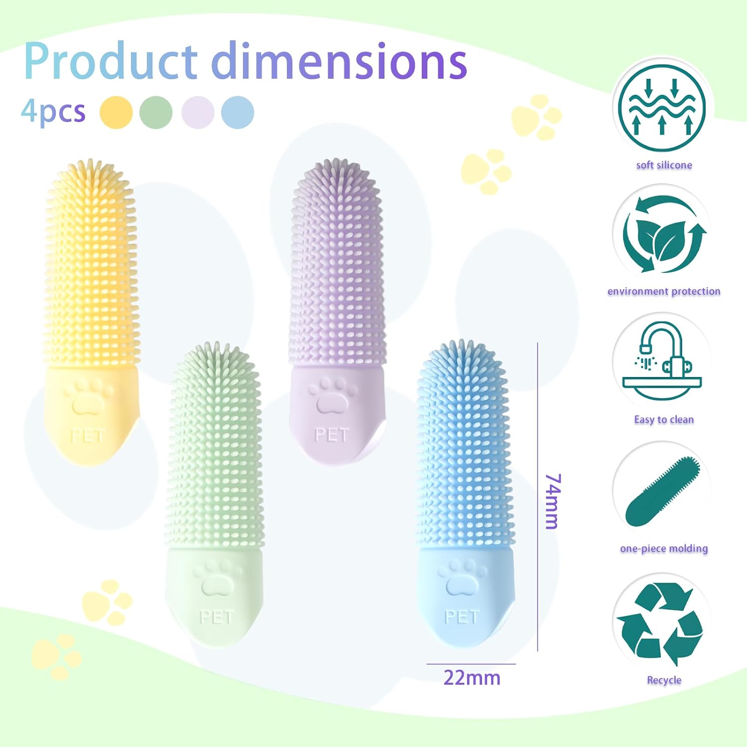 Product dimensions of four silicone brushes with features listed on a green background at Pet Servo