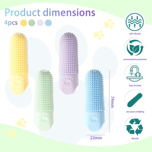 Product dimensions of four silicone brushes with features listed on a green background at Pet Servo