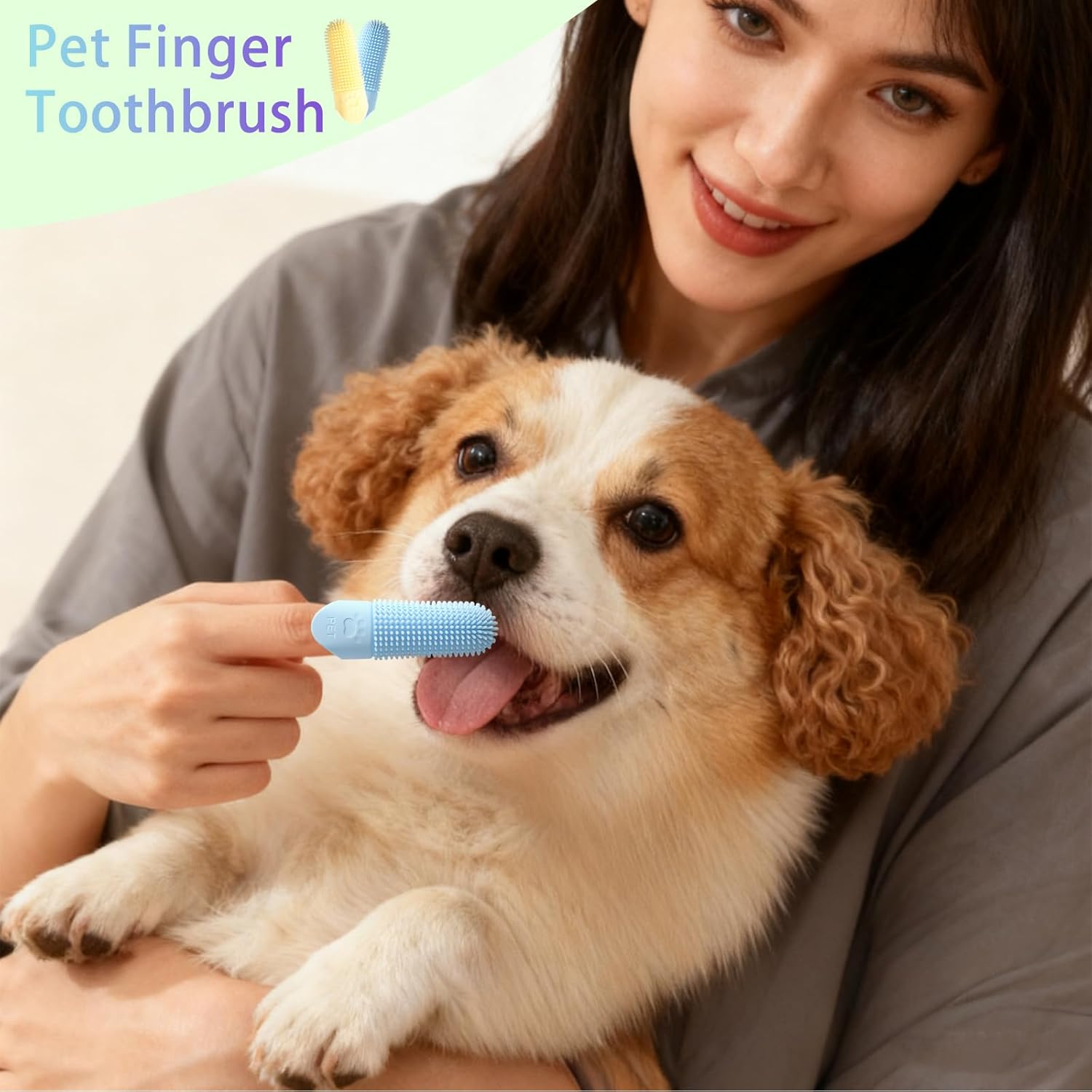 Woman holding a small dog and a pet finger toothbrush with a light background at Pet Servo