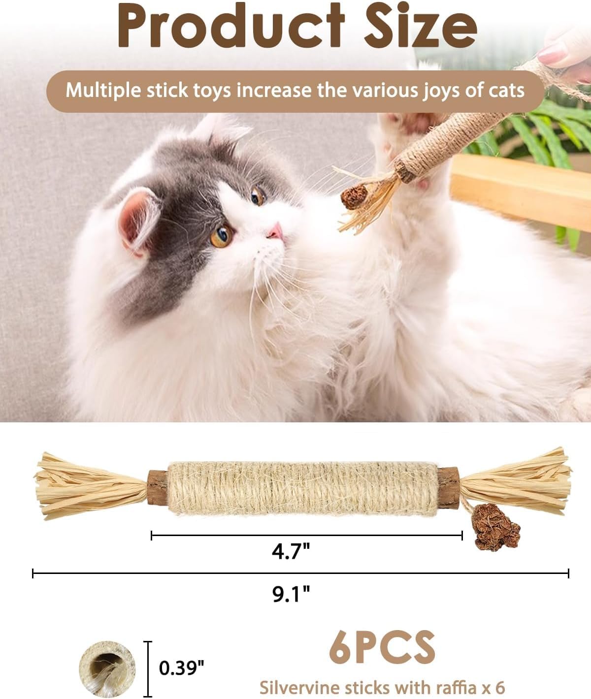 Cat playing with a sisal cat toy, with product size information displayed at Pet Servo