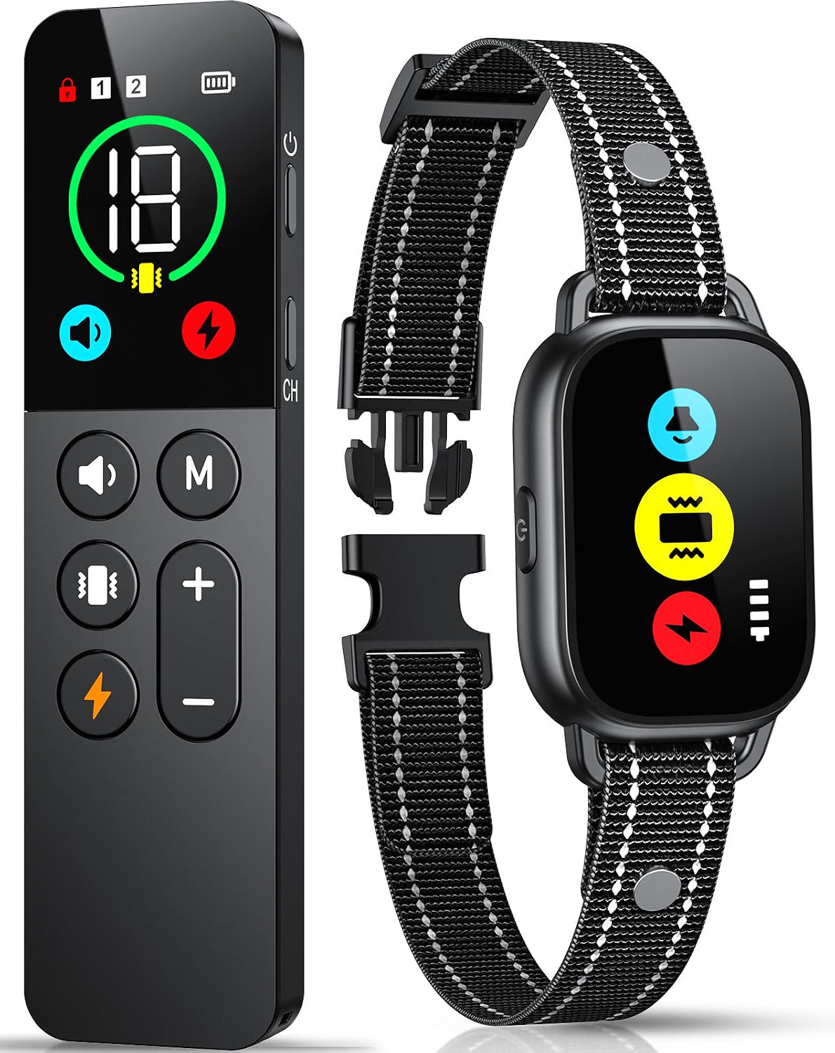 Black remote control and smartwatch with digital displays and buttons on a white background
