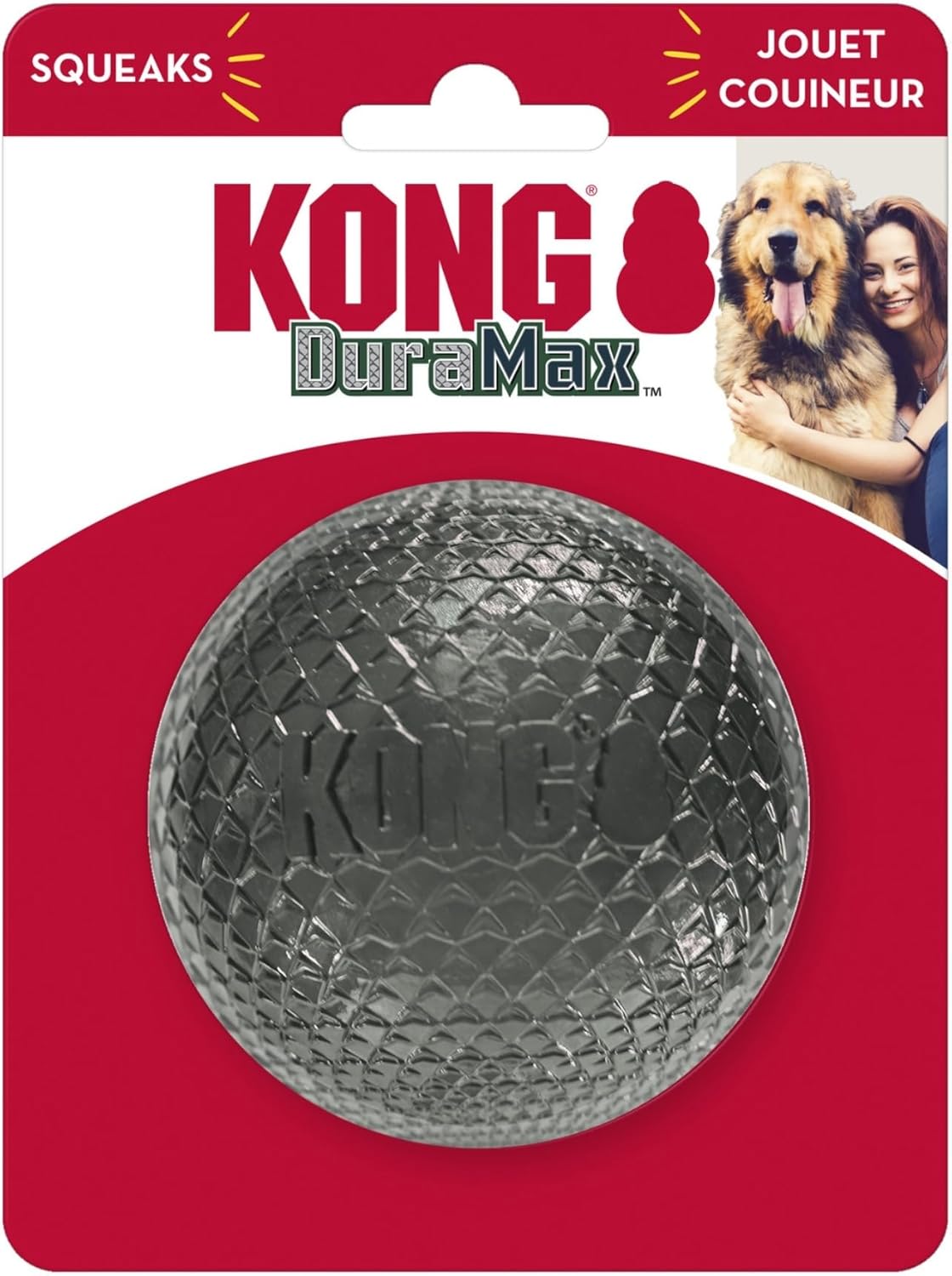 KONG DuraMax dog toy packaging with a textured ball on a red background at Pet Servo