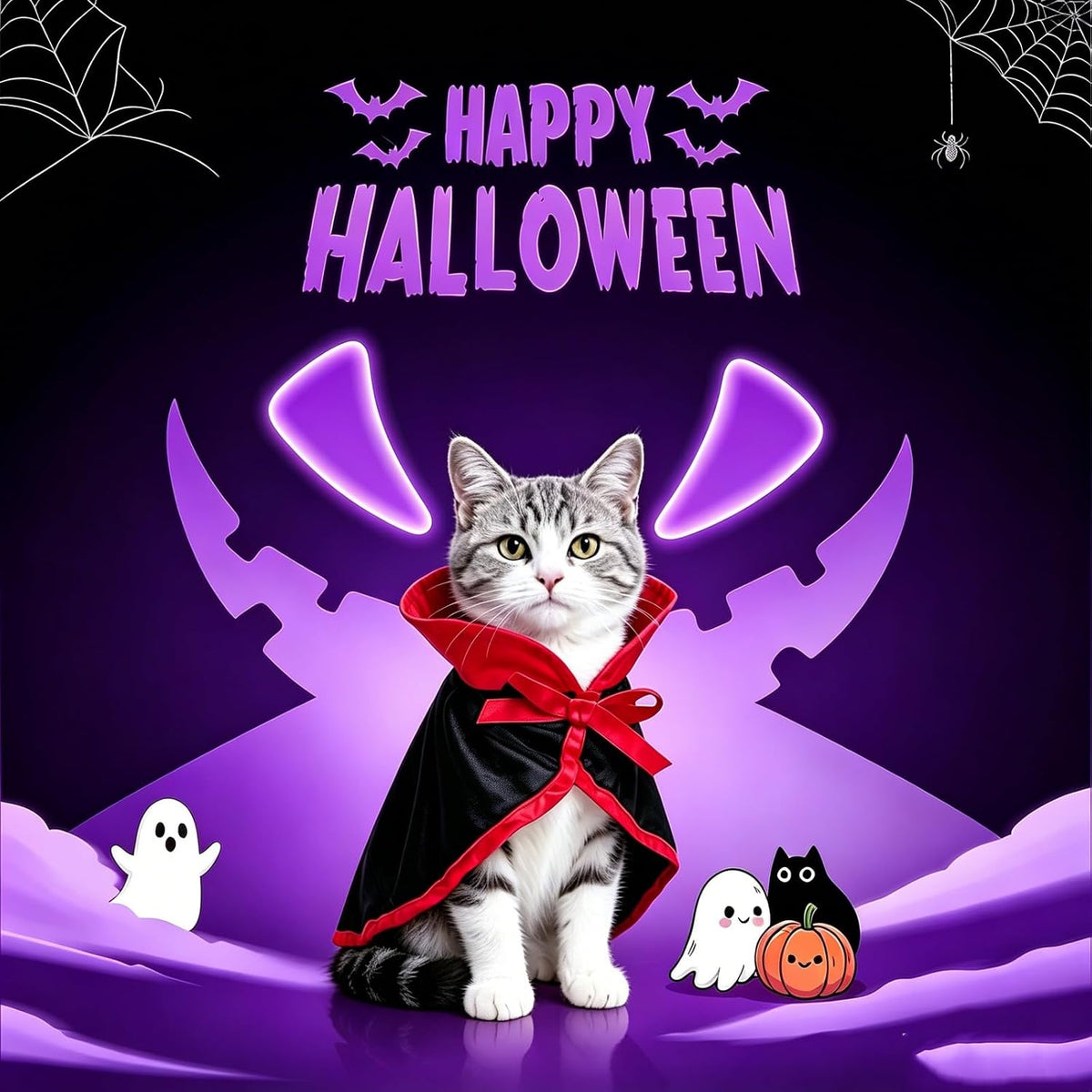 A gray tabby cat wearing a black and red vampire cape sits in the center against a purple Halloween-themed background with the words 'HAPPY HALLOWEEN' at the top, plus small ghost and pumpkin decorations at Pet Servo