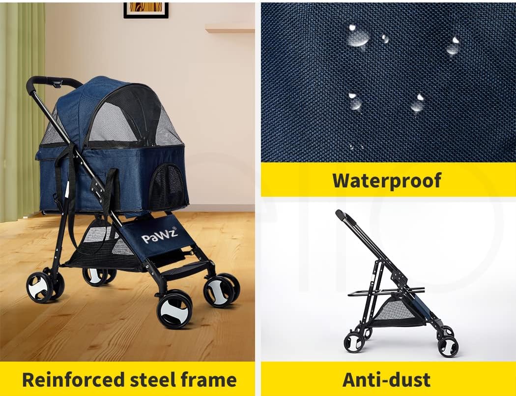 A pet stroller collage showing the stroller in a home interior, a close-up of dark navy fabric with water droplets labeled 'Waterproof,' and the stroller folded, with text reading 'Reinforced steel frame' and 'Anti-dust.' at Pet Servo