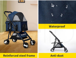 A pet stroller collage showing the stroller in a home interior, a close-up of dark navy fabric with water droplets labeled 'Waterproof,' and the stroller folded, with text reading 'Reinforced steel frame' and 'Anti-dust.' at Pet Servo