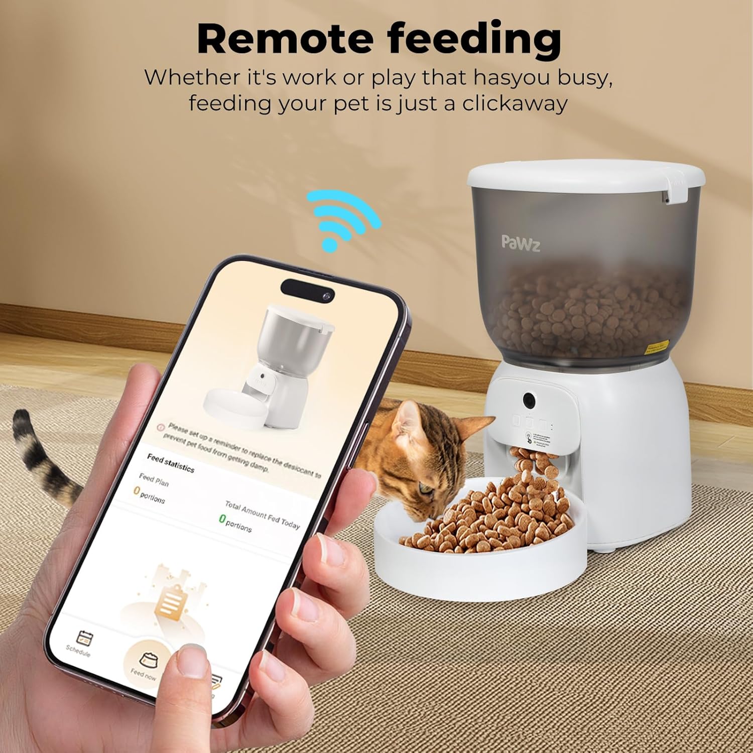 A hand holds a smartphone showing a pet feeder app screen next to a white automatic pet feeder with a bowl of kibble and a cat eating. The scene includes the text 'Remote feeding' and a blue wireless signal icon at Pet Servo