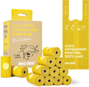 Yellow compostable poop bags with packaging on a white background at Pet Servo