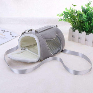 Gray pet carrier with a leash on a white surface with a plant in the background at Pet Servo