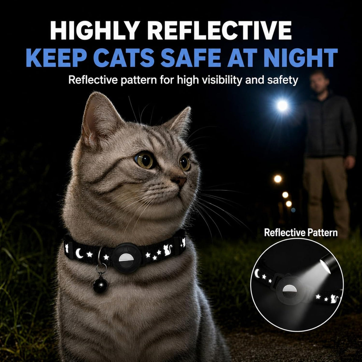 A gray tabby cat wearing a reflective collar at night outdoors, with large marketing text at the top reading 'HIGHLY REFLECTIVE KEEP CATS SAFE AT NIGHT' and a circular inset showing the reflective pattern under a flashlight at Pet Servo