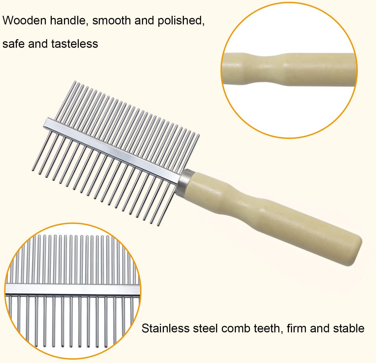 Pet grooming comb with wooden handle and stainless steel teeth, shown with close-up details at Pet Servo