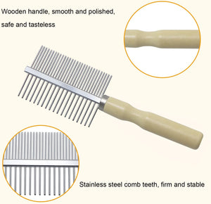 Pet grooming comb with wooden handle and stainless steel teeth, shown with close-up details at Pet Servo