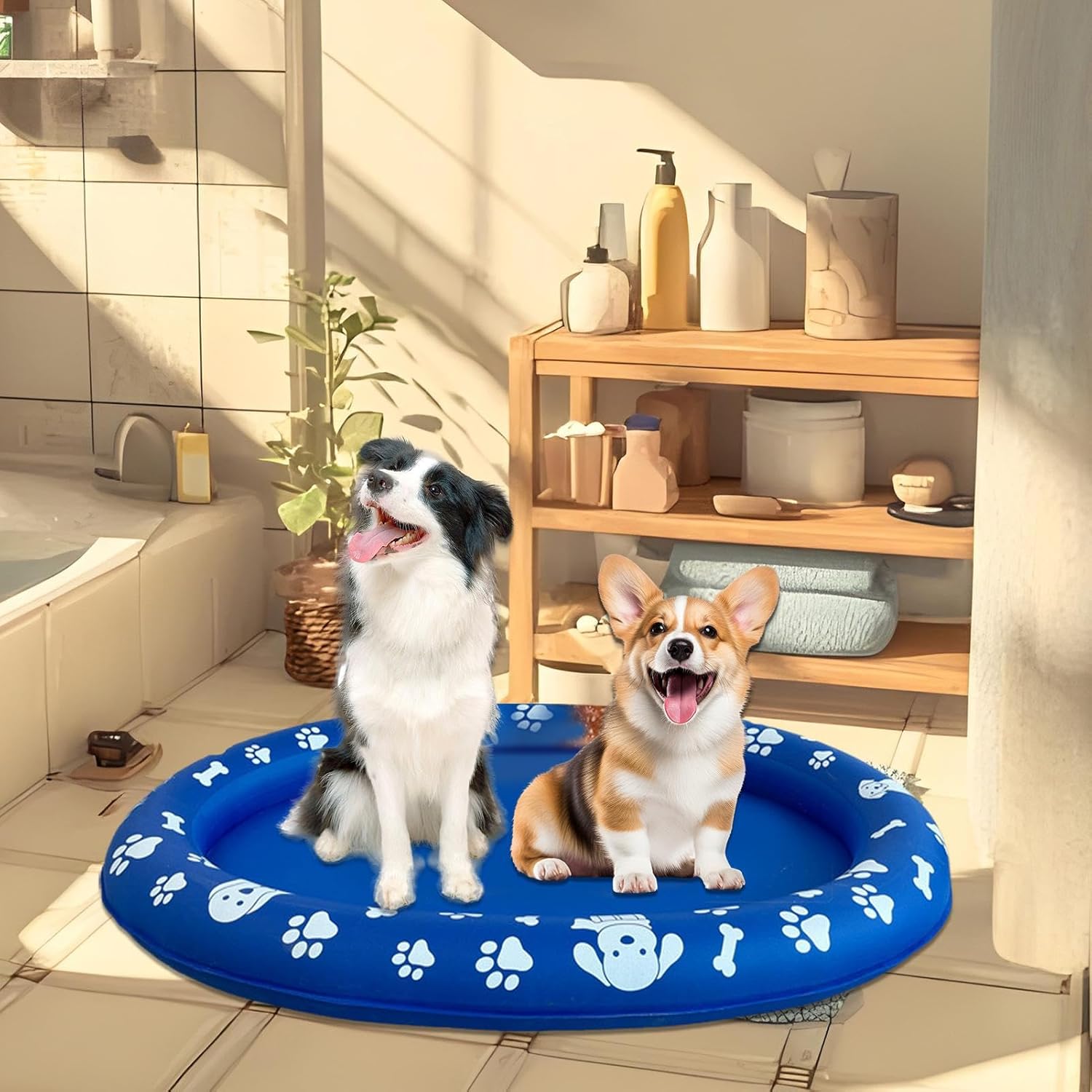 Two dogs sitting on a blue inflatable mat with paw prints in a bathroom at Pet Servo