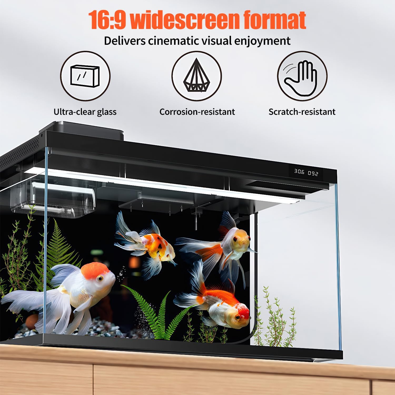 Aquarium with goldfish, featuring text on widescreen format and product features at Pet Servo