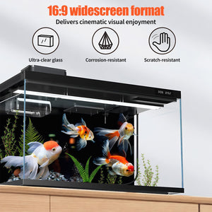 Aquarium with goldfish, featuring text on widescreen format and product features at Pet Servo