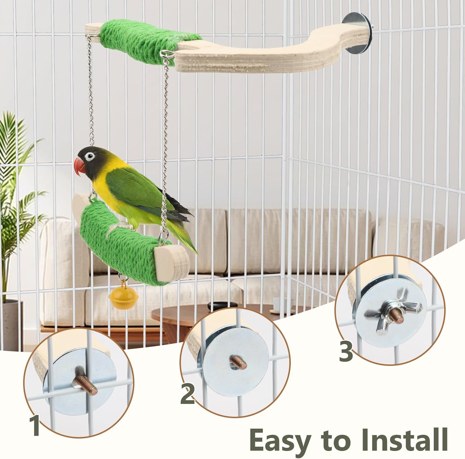 Bird perched on a green and wooden swing attached to a birdcage with close-up details of installation at Pet Servo