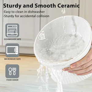 Ceramic bowl being held with water splashing out, featuring icons for dishwasher, microwave, and food grade safety at Pet Servo
