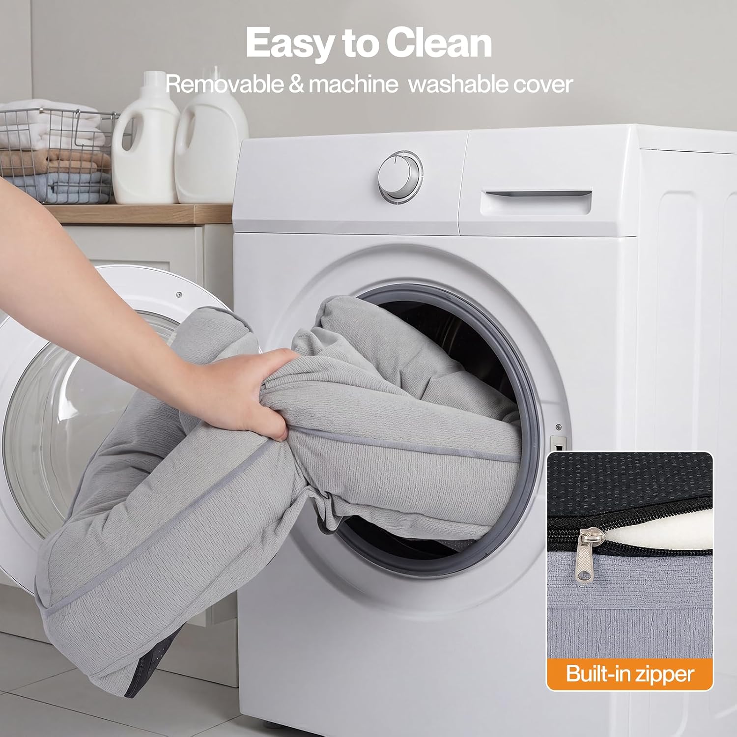 A person is removing a light gray fabric cover from a white front-loading washing machine. The image includes text overlays reading 'Easy to Clean', 'Removable & machine washable cover', and a small inset showing a built-in zipper at Pet Servo