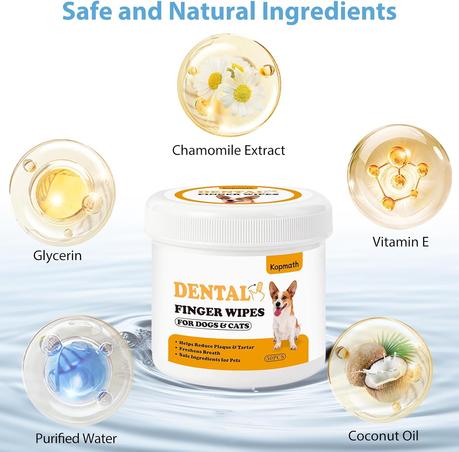 Dental finger wipes for dogs and cats with visible ingredients and brand name on a white background at Pet Servo