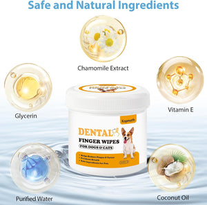 Dental finger wipes for dogs and cats with visible ingredients and brand name on a white background at Pet Servo