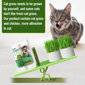 Cat with fresh cat grass and a package on a seesaw, with promotional text about the product at Pet Servo