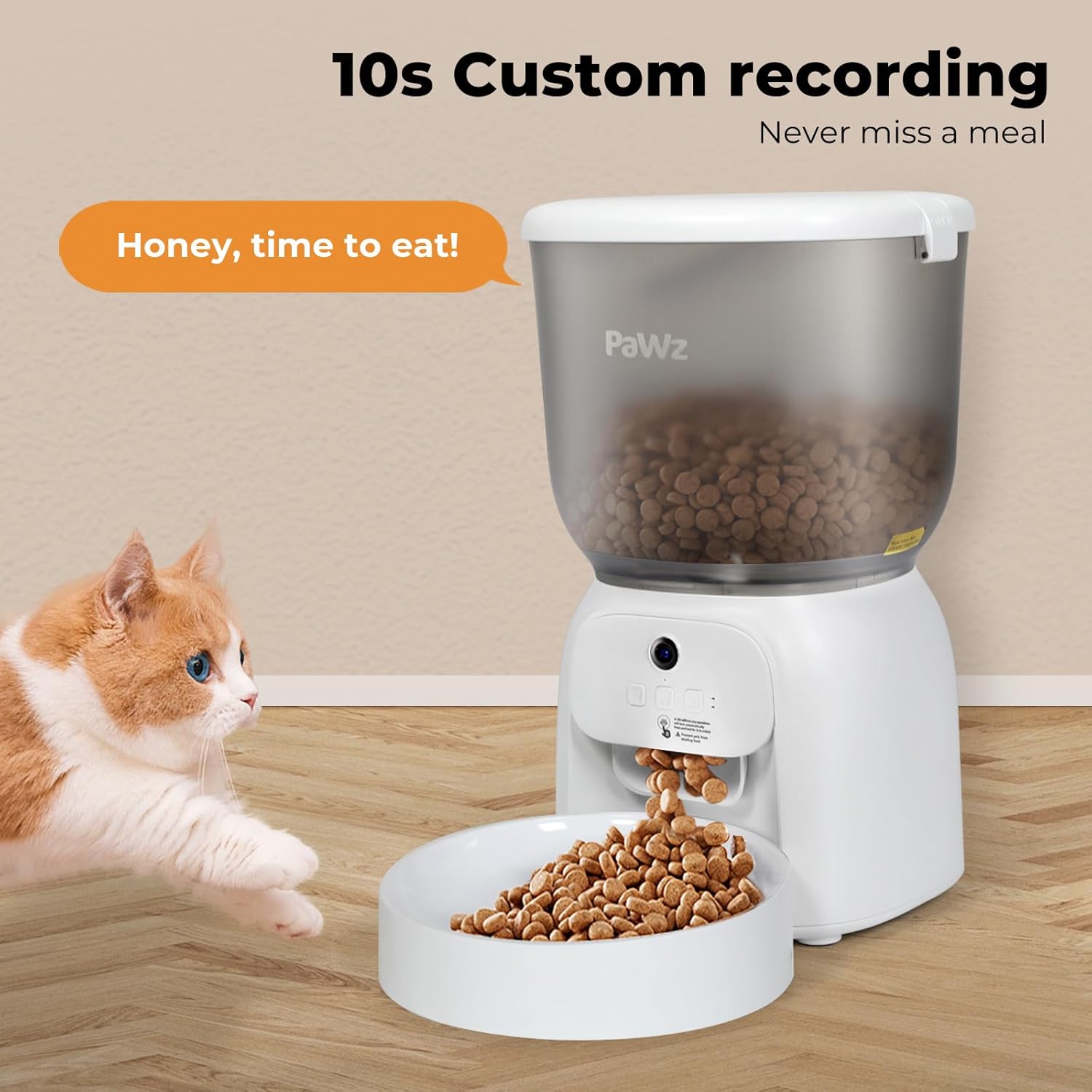 Pet food dispenser with a cat looking at it, featuring the brand 'PaWz' at Pet Servo