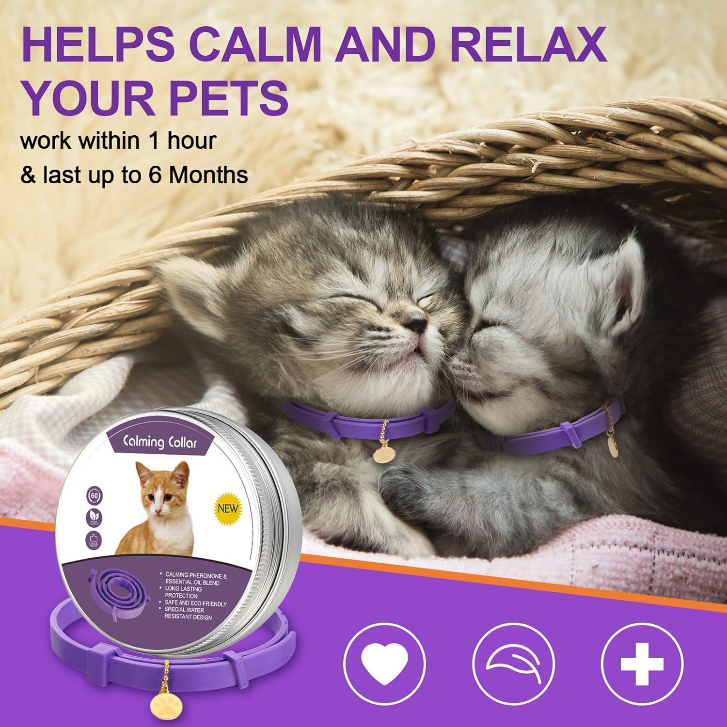 Two cats wearing purple collars with a calming collar product in front, on a purple background at Pet Servo