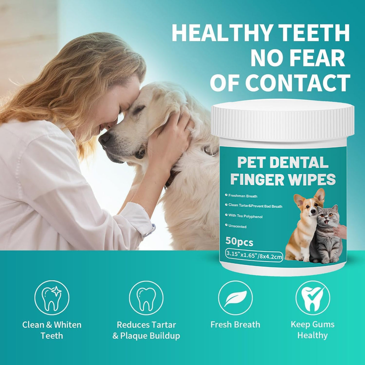 A pet dental finger wipes jar shown next to a woman petting a dog, with text reading 'HEALTHY TEETH NO FEAR OF CONTACT' and feature icons below at Pet Servo