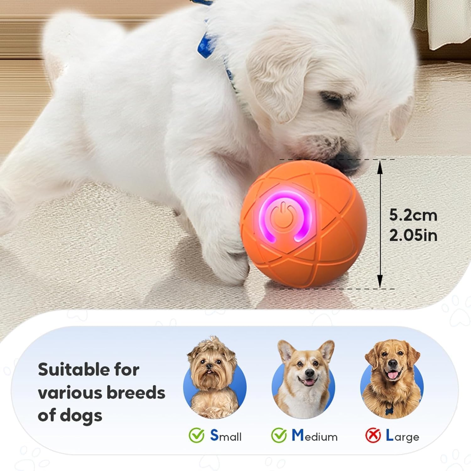 Dog playing with an orange ball, with size measurement and suitability for dogs of different sizes displayed at Pet Servo