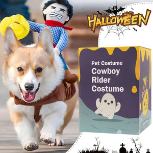 Dog wearing a cowboy costume with a Halloween-themed pet costume box in the background.