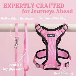 Pink dog harness and leash set with text highlighting features on a pink background at Pet Servo