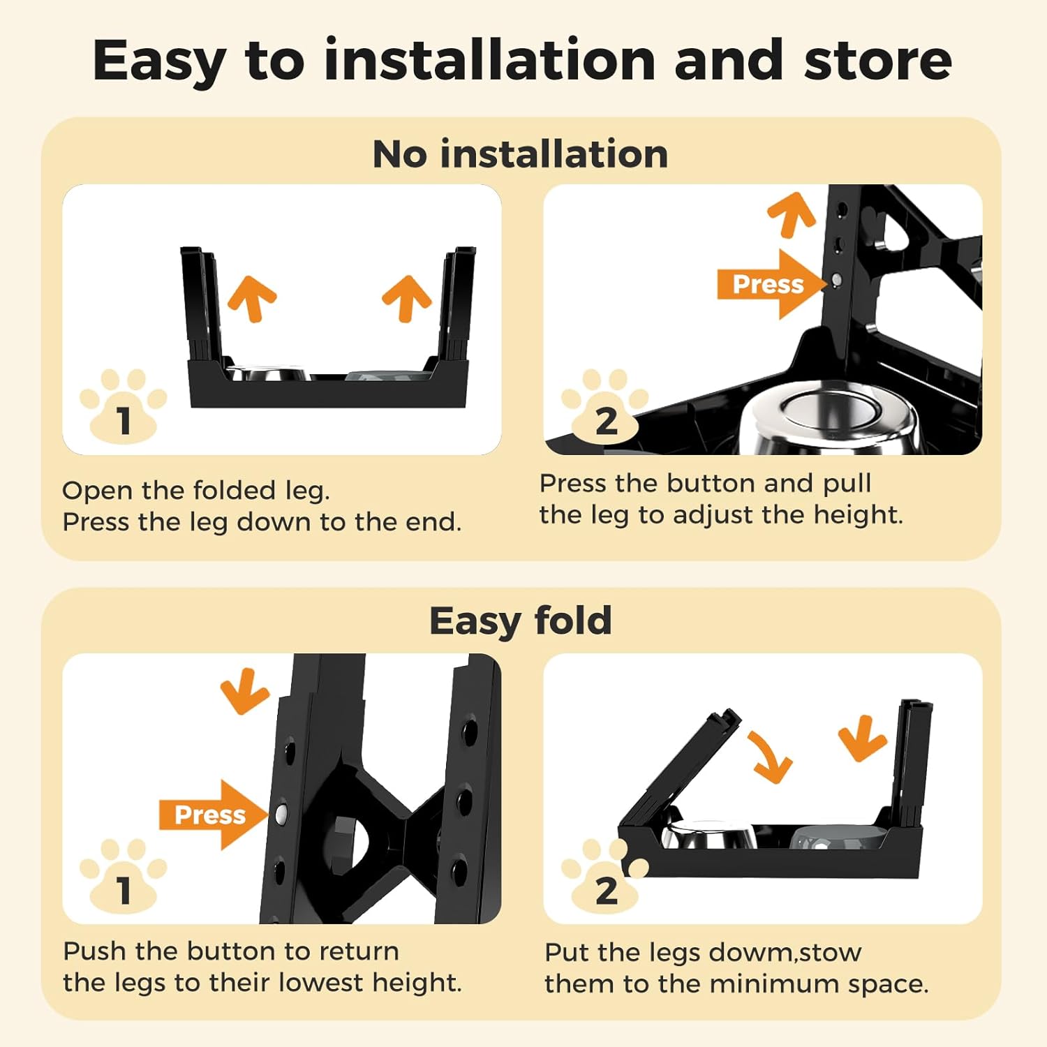 Instruction graphic showing how to install and fold a black mounting bracket. The top section says 'No installation' with two steps: opening the folded leg and adjusting height by pressing a button and pulling the leg at Pet Servo