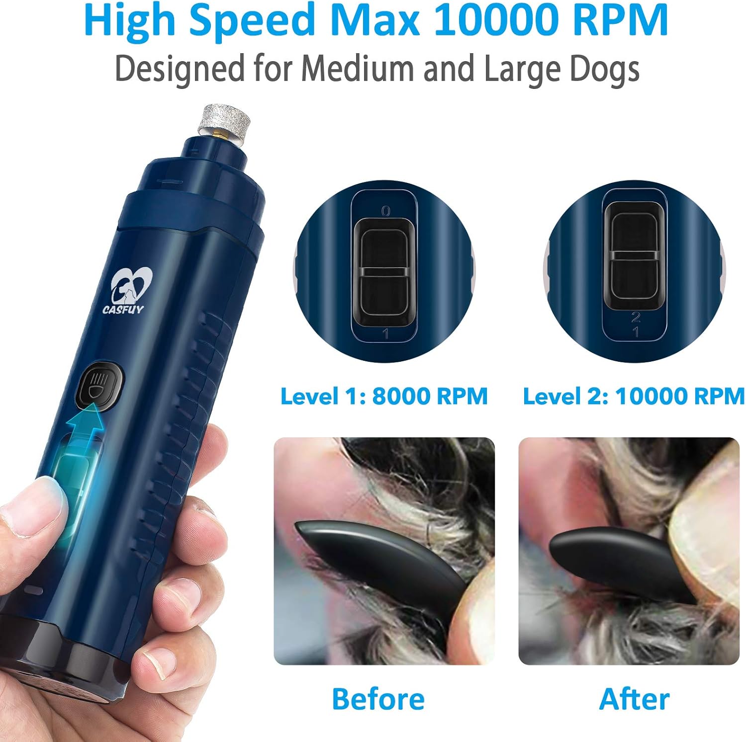 Pet nail grinder with speed settings and before/after effects on a white background at Pet Servo