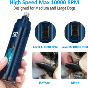 Pet nail grinder with speed settings and before/after effects on a white background at Pet Servo