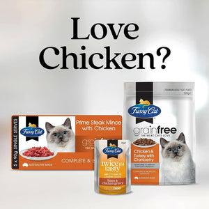 Fussy Cat cat food packages with text 'Love Chicken?' on a white background