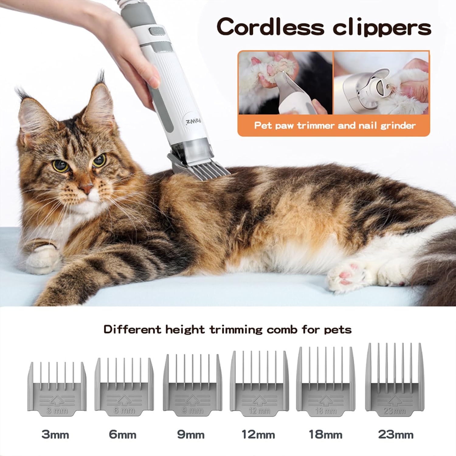 Cat being groomed with cordless clippers and different height trimming combs displayed below at Pet Servo