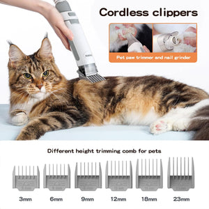 Cat being groomed with cordless clippers and different height trimming combs displayed below at Pet Servo