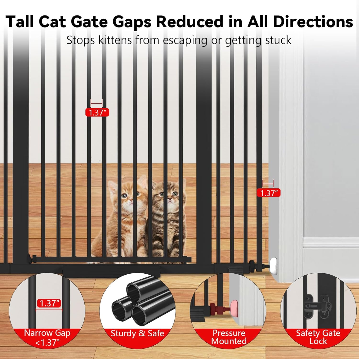 Cat gate with kittens inside, showing reduced gaps and safety features.