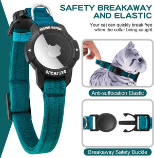 Teal cat collar with safety breakaway mechanism on a green background at Pet Servo