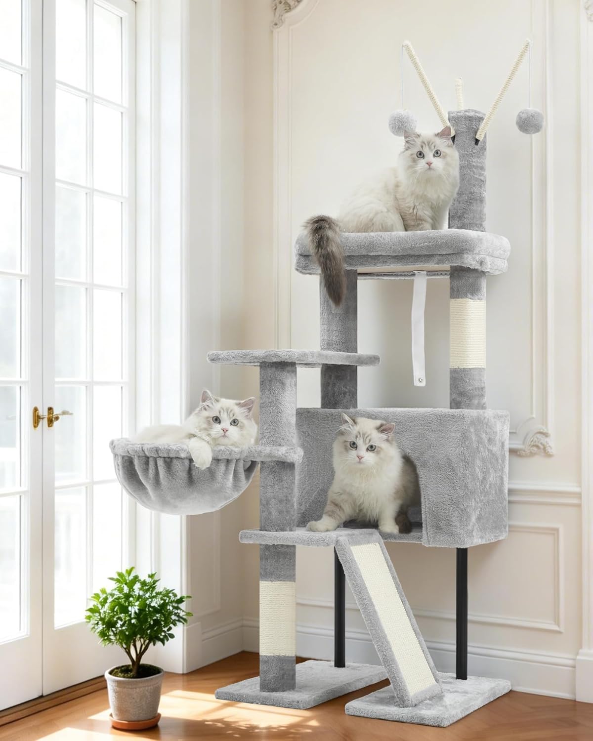 Gray cat tree with multiple levels and a cat sitting on each level in a room with large windows at Pet Servo