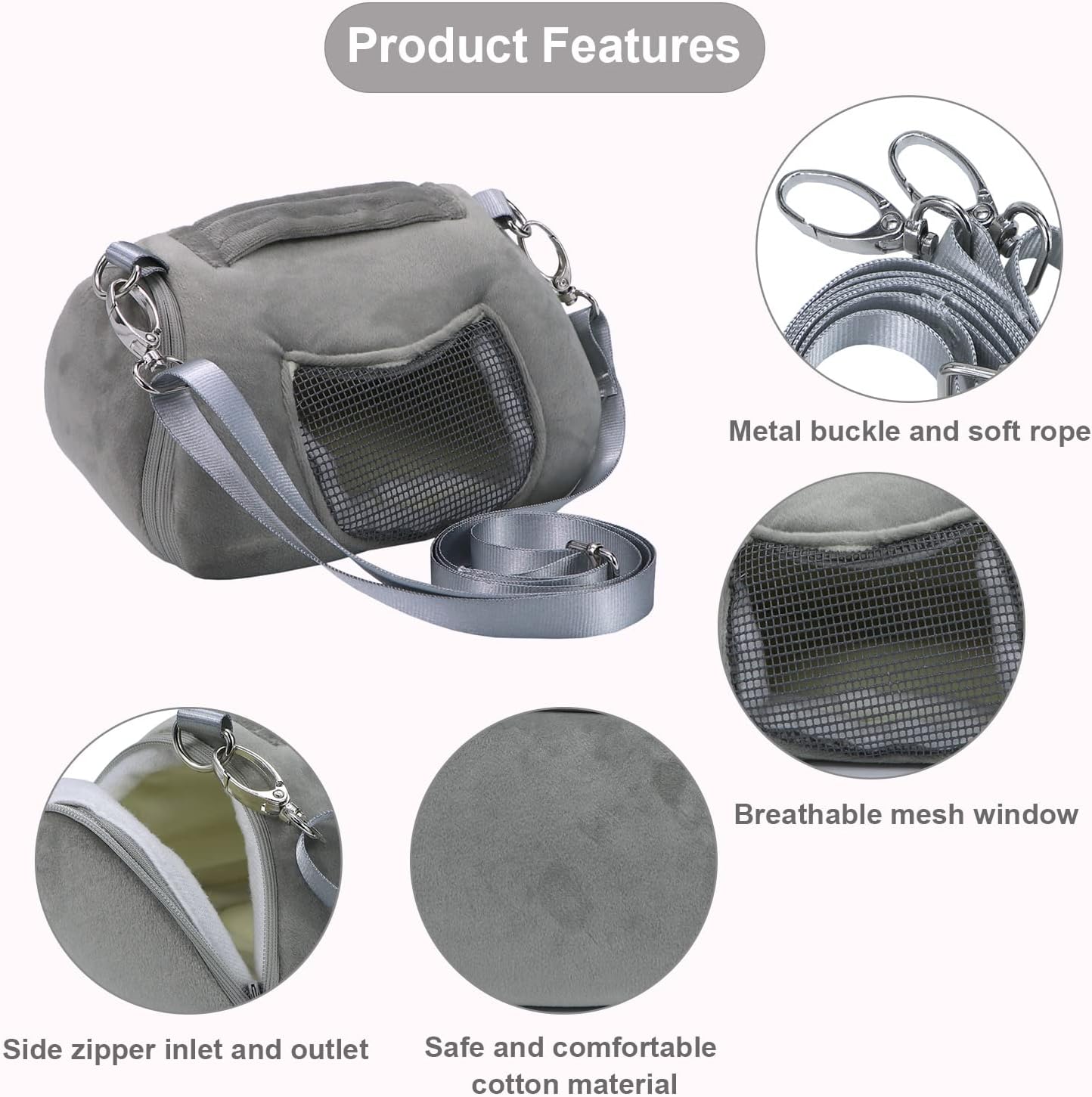 Gray pet carrier with metal buckle, soft rope, breathable mesh window, side zipper, and safe cotton material at Pet Servo