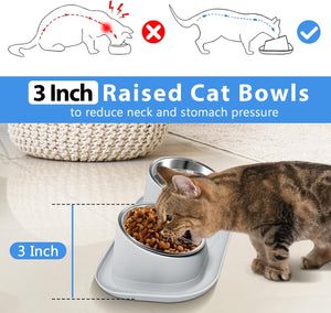 Cat eating from a raised cat bowl with text explaining its benefits at Pet Servo