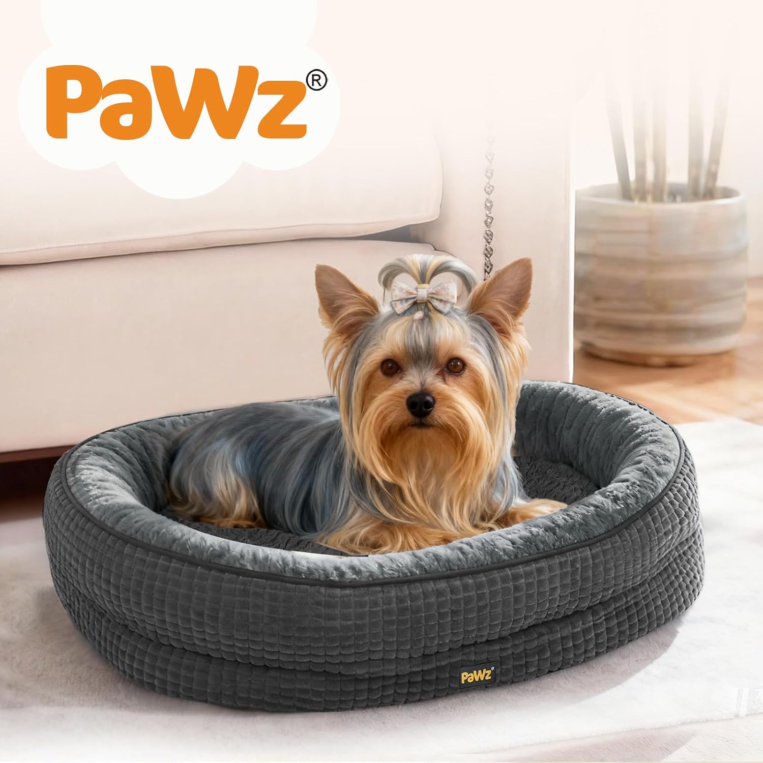 Dog lying on a gray pet bed with 'PaWz' branding in a home setting at Pet Servo