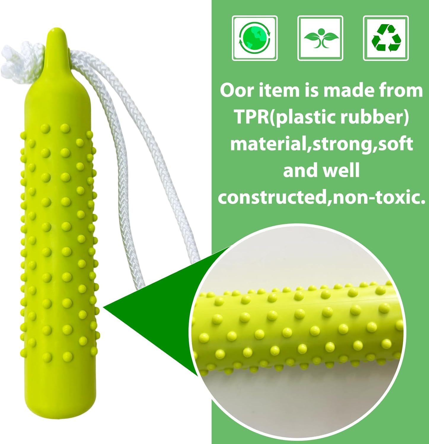 Green textured toy with a rope, labeled as made from TPR material, on a green background at Pet Servo